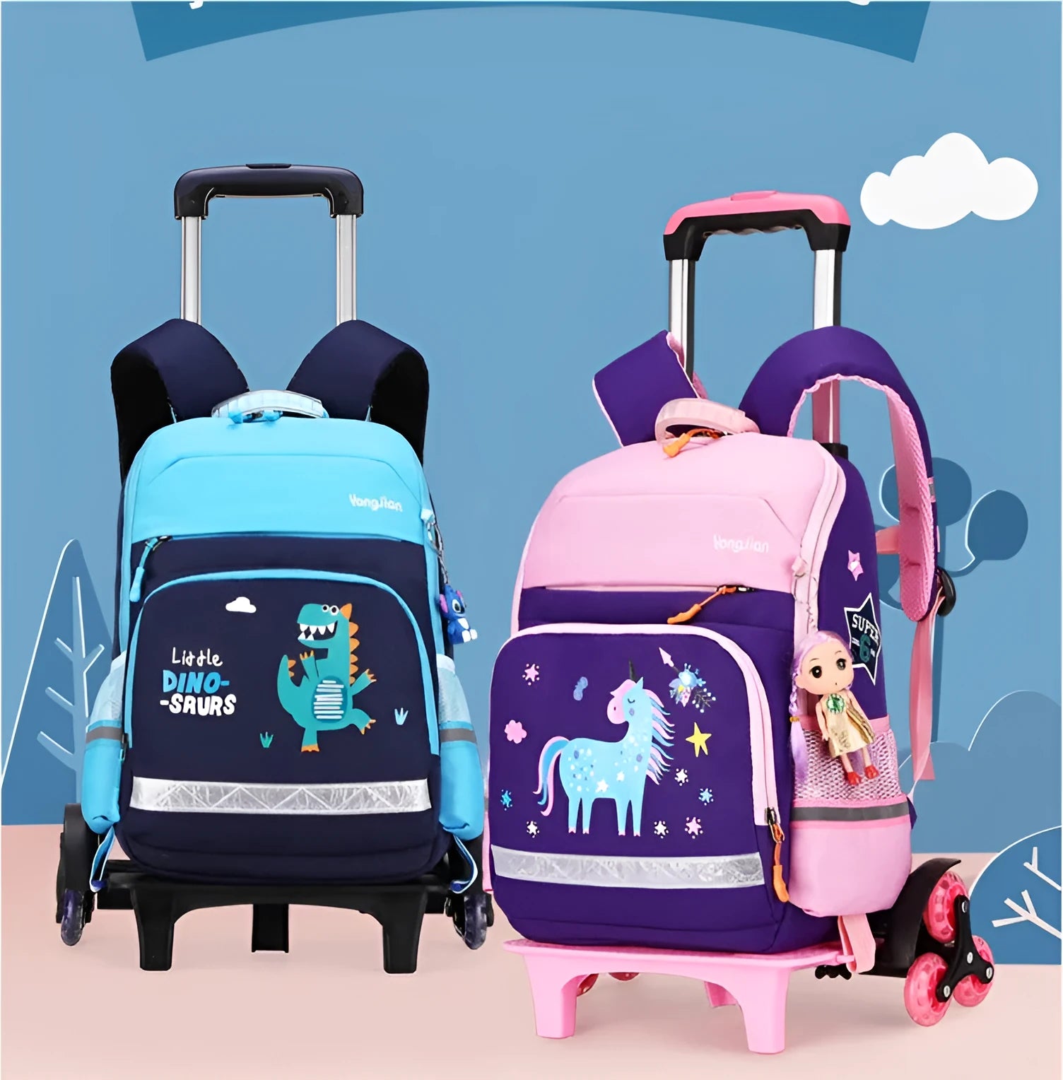 Korean detachable trolley school backpack in Oxford cloth with wheels, red and black colour options