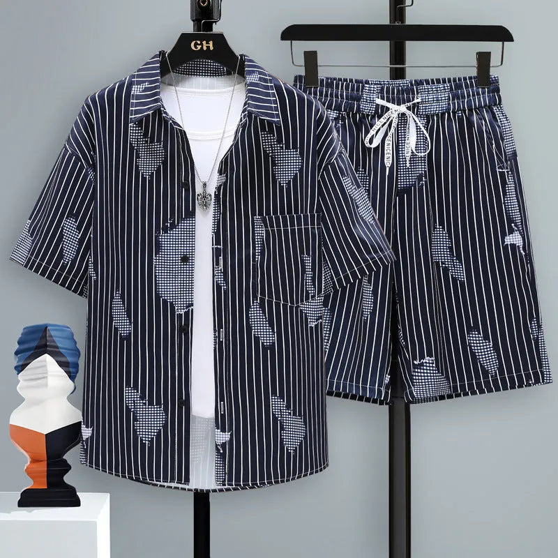 Men's casual polyester sports set with short sleeve top and matching shorts on a manikin.