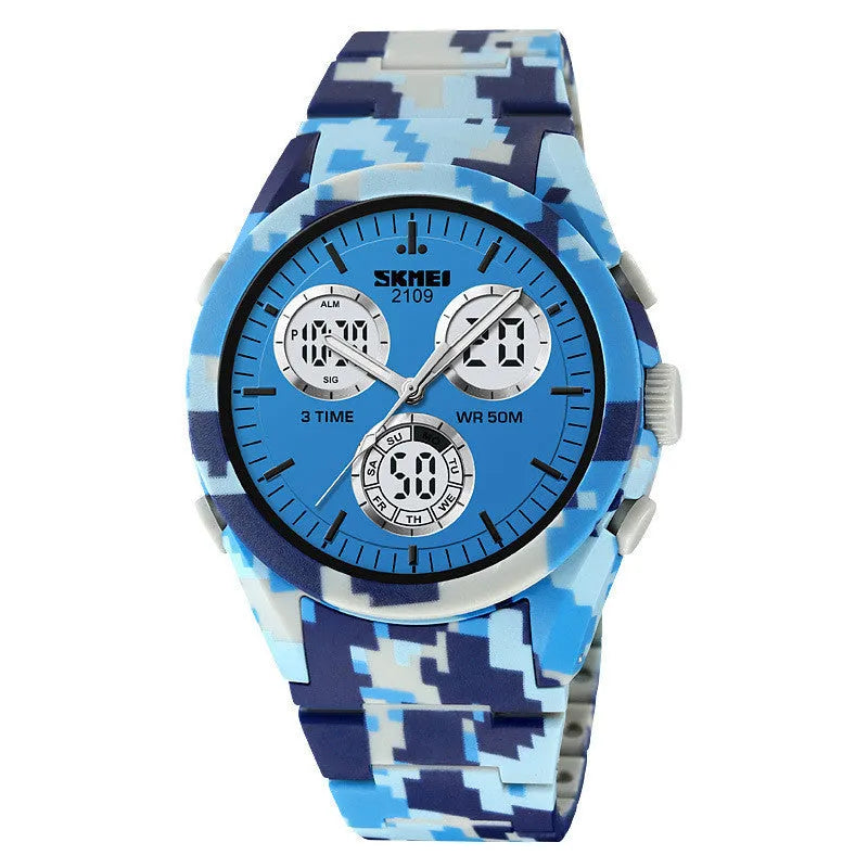 Casual electronic watch with a digital display, TPU strap, and ABS case shown in Army Green camouflage colour.