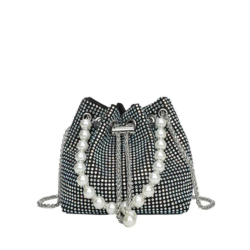 Western style light diamond crossbody bag with chain strap and bucket shape design in multiple colour options