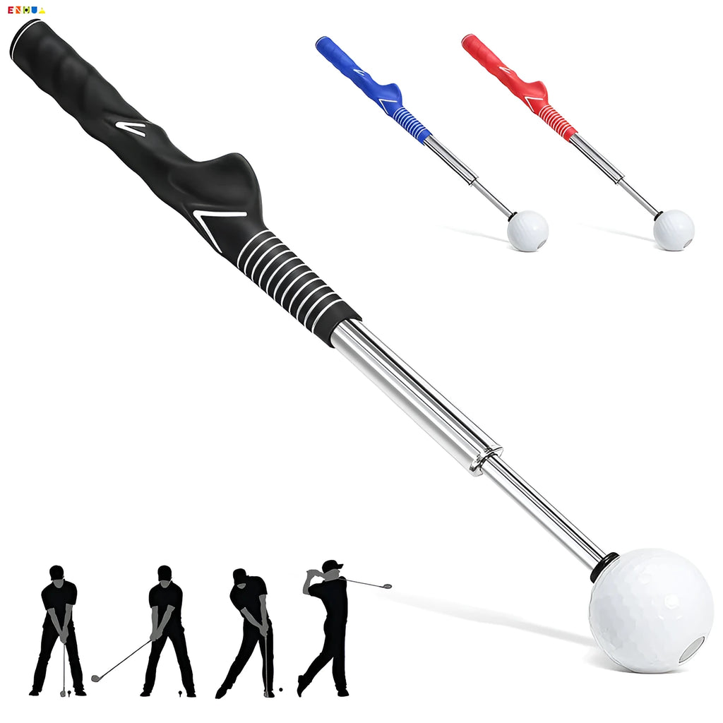 Telescopic stainless steel golf swing trainer simulator in black, blue, and red colour options