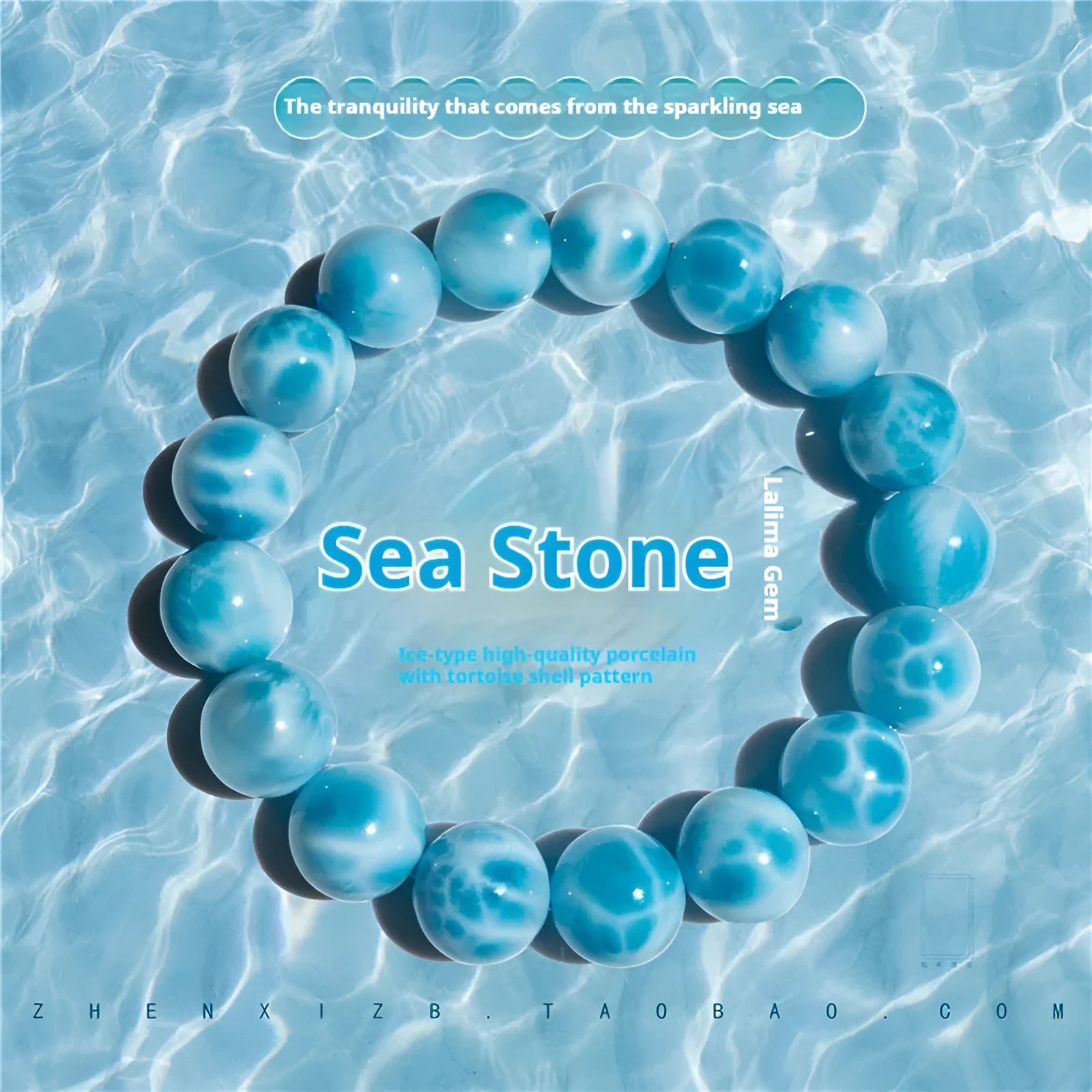 Blue bodhi bracelet with a sea-pattern natural crystal stone and small pearl accents on a wrist.