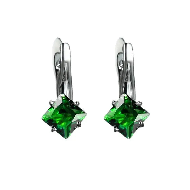 Women's copper earrings with diamond design featuring inlaid zircon elements in blue, colour, and green options