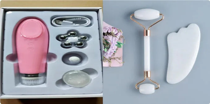 White jade double-headed roller and matching scraping board set on a flat surface.