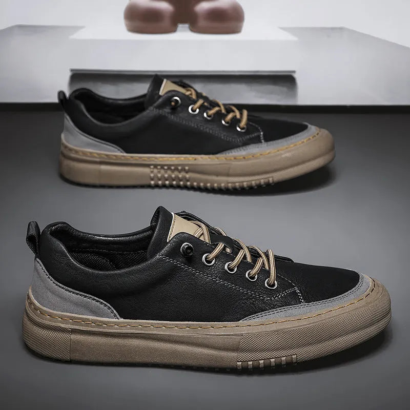 British round toe men's microfiber leather lace-up shoes in black, showing sewing line detail and rubber sole.