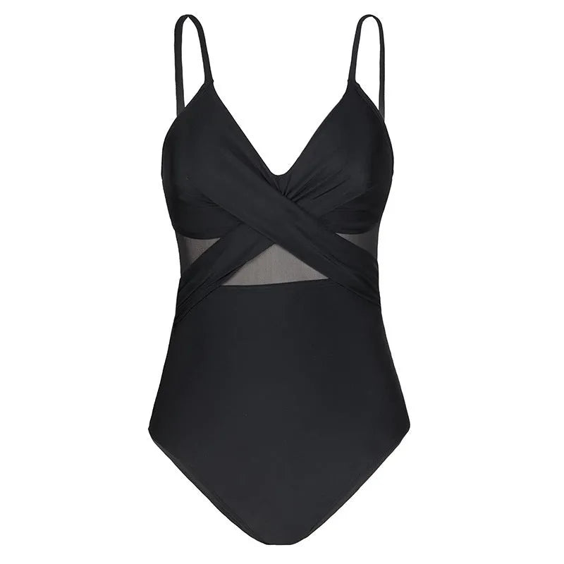 Women's nylon Siamese triangle bikini in black with high elasticity backless design quick-drying swimwear