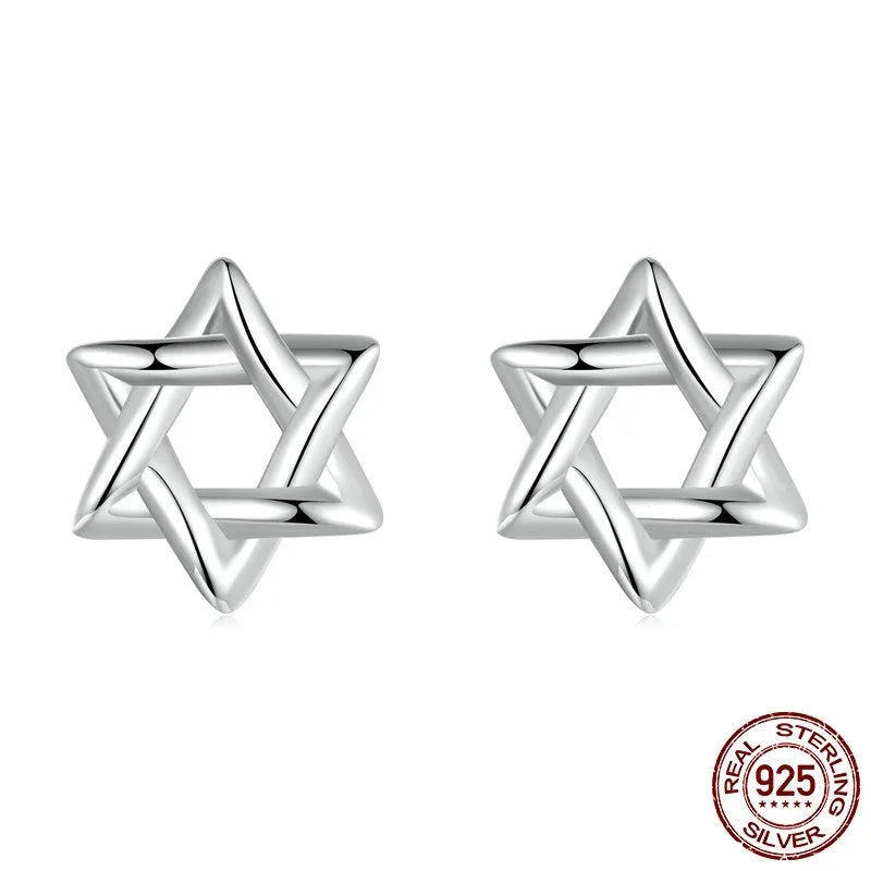 Pair of S925 sterling silver six-pointed star stud earrings on a flat surface, silver colour, 1 cm diameter
