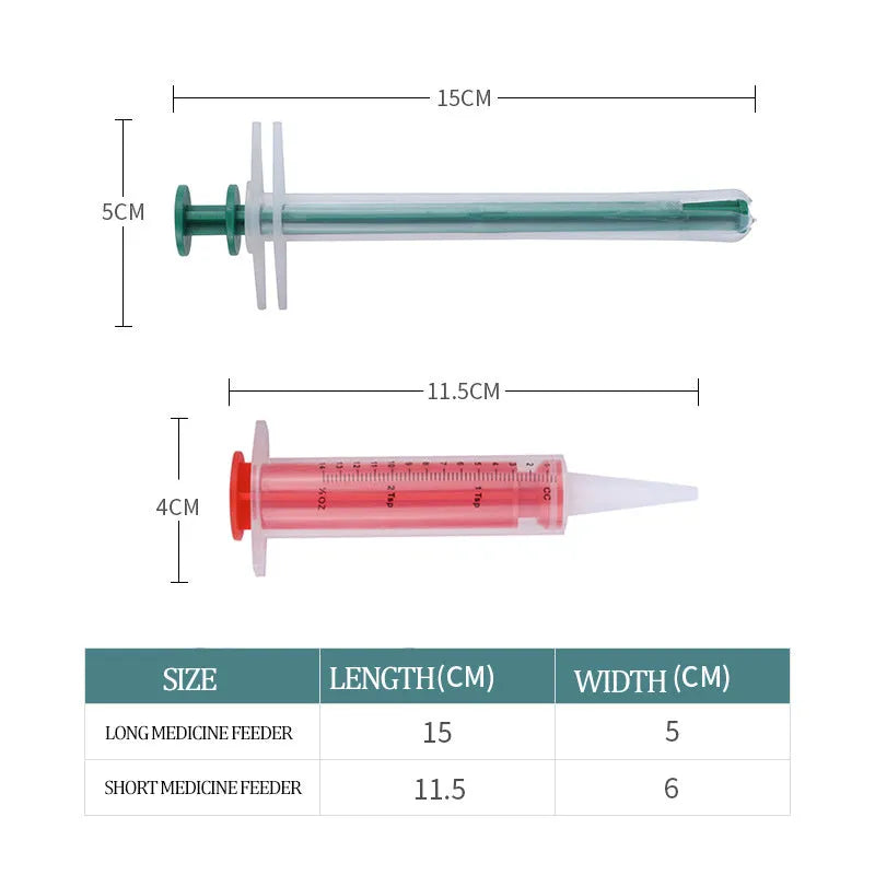 Two pet pill shooters with soft silicone tips, measuring 15cm and 11.5cm, for administering medication to cats and dogs