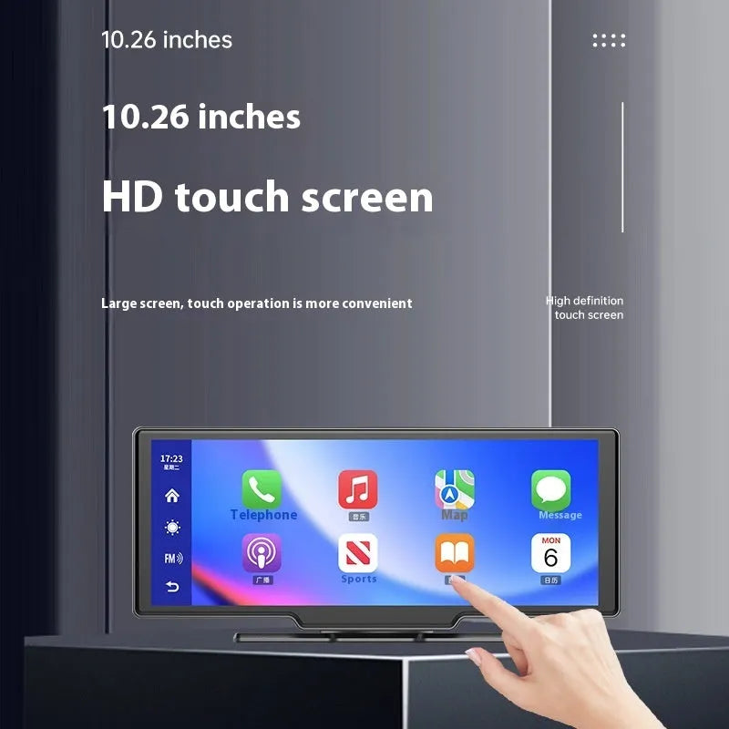 10-inch car touchscreen displaying Apple CarPlay maps with a small picture-in-picture view from the rear camera.