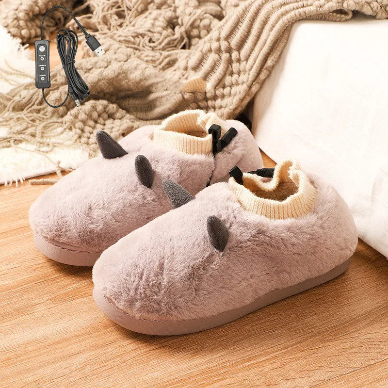 USB electric heating slippers in velvet, showing USB cable connection and colour options.