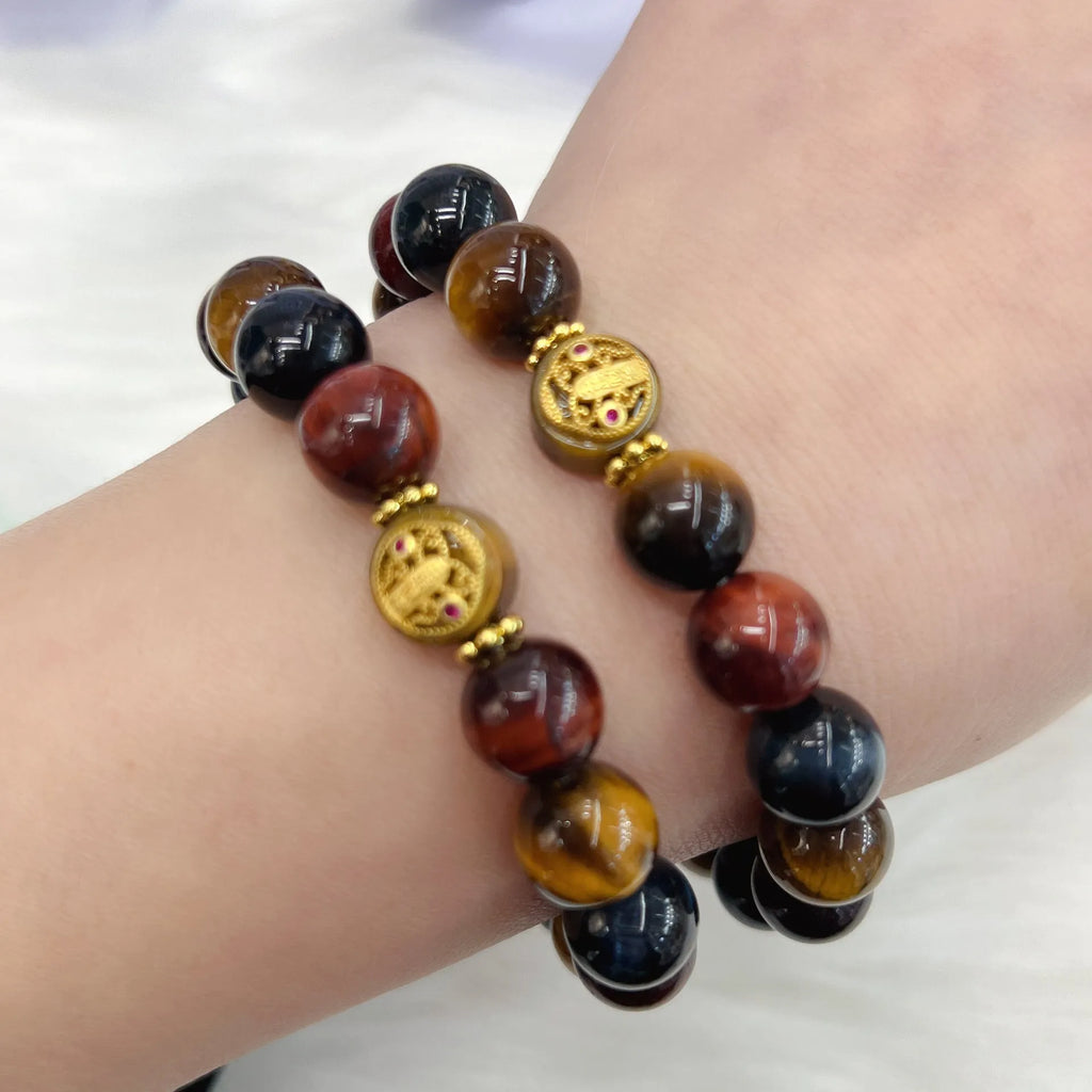 Tiger eye gemstone bracelet with loose round beads on Maillard chain, 18cm length