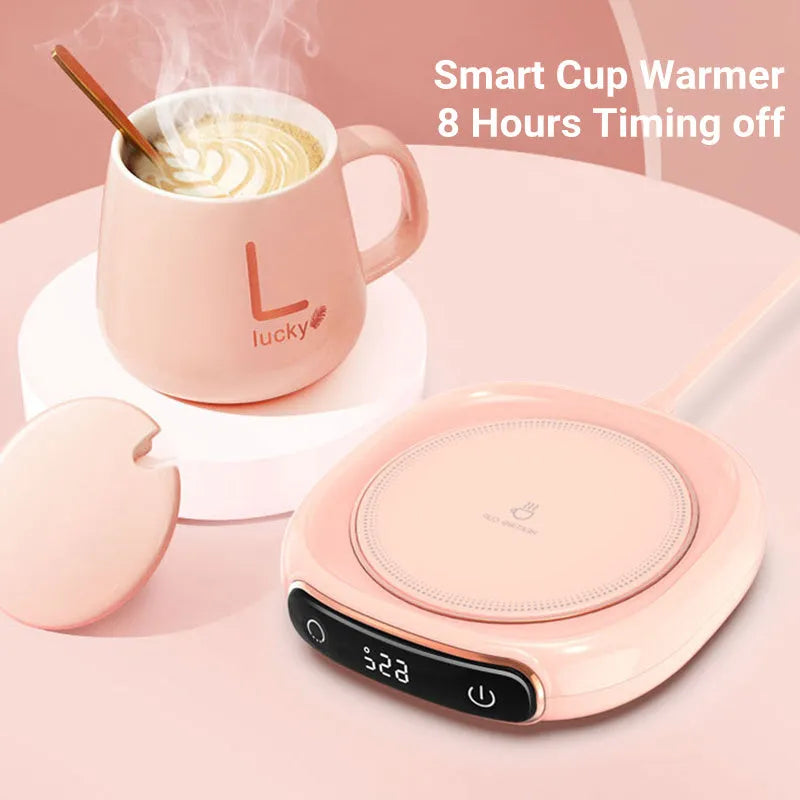 USB-powered white coffee mug warmer plate on desk keeping drink warm