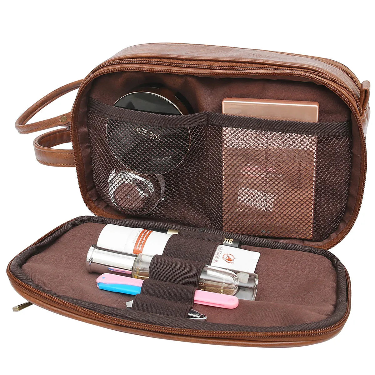 Men's solid colour Pu toiletry bag in black or brown for travel storage.
