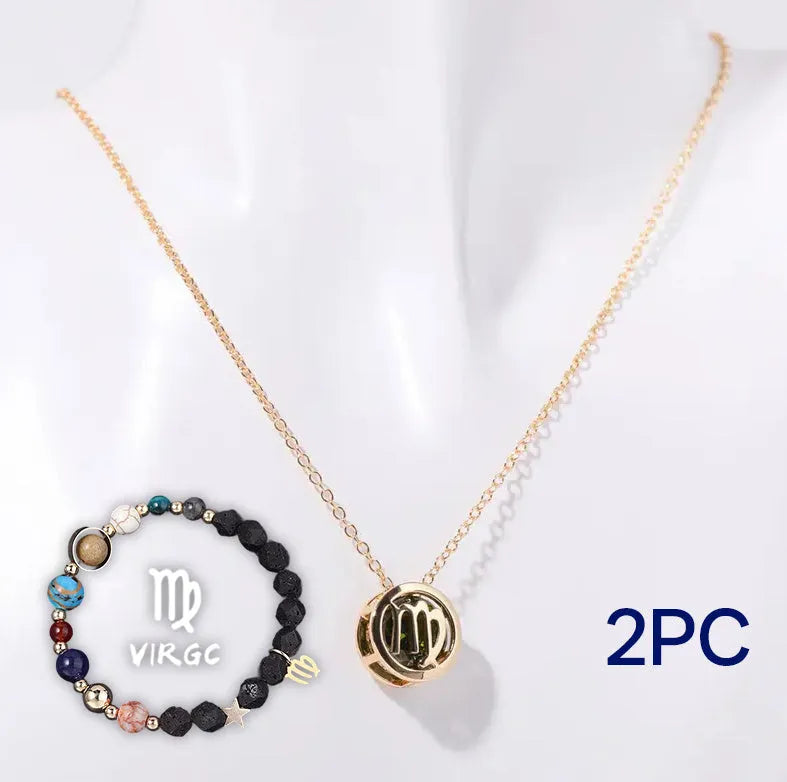 Natural stone beaded necklace and matching bracelet set laid flat, showing one of twelve available style variations.