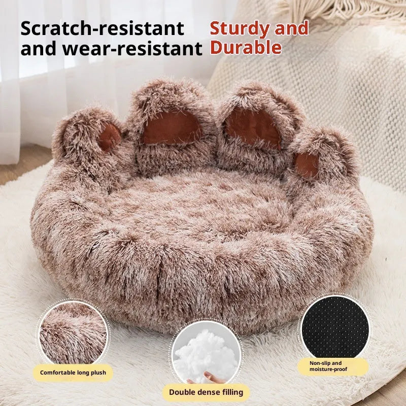 Plush thickened dog bed in double silk coffee with hand-shaped brush finish, available in 50cm to 100cm diameter sizes