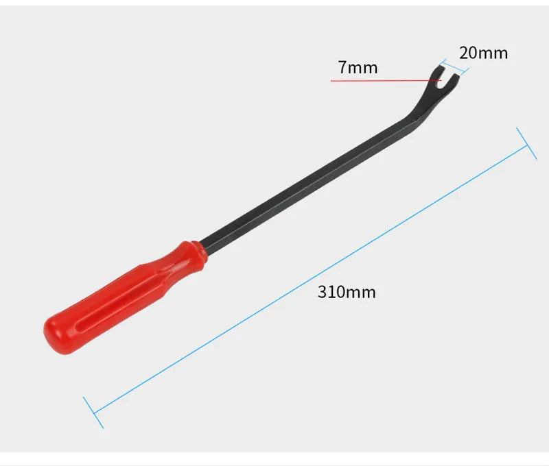 Red-handled steel automotive clip removal pliers for door panel fasteners.