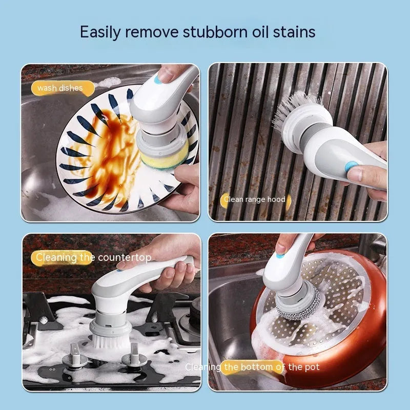 White handheld electric cleaning brush with rotating brush head on bathroom tiles