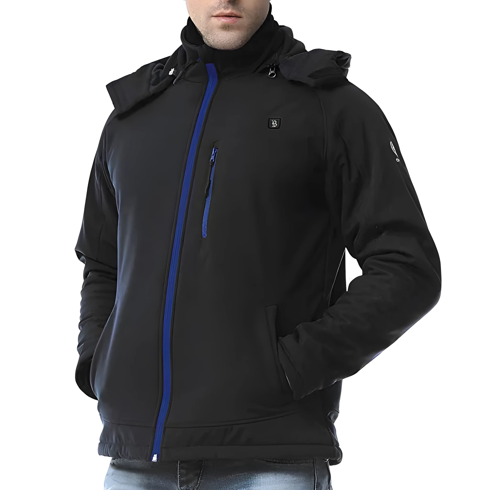 Black men's USB heated waterproof windproof winter coat with long sleeves and straight hem