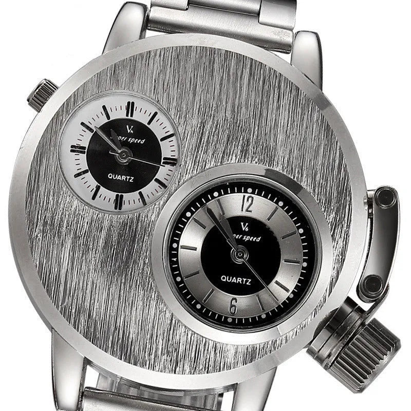Large plate double-movement men watch with 40.5mm dial, spiral crown, and steel strap on a neutral background