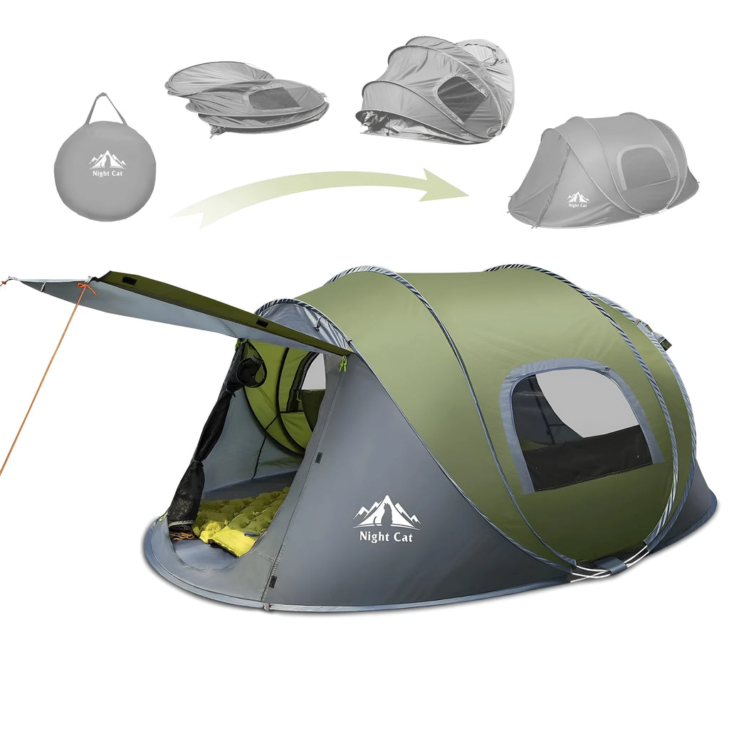 Dark green automatic pop-up two-person camping tent with waterproof rainfly shown in outdoor setting
