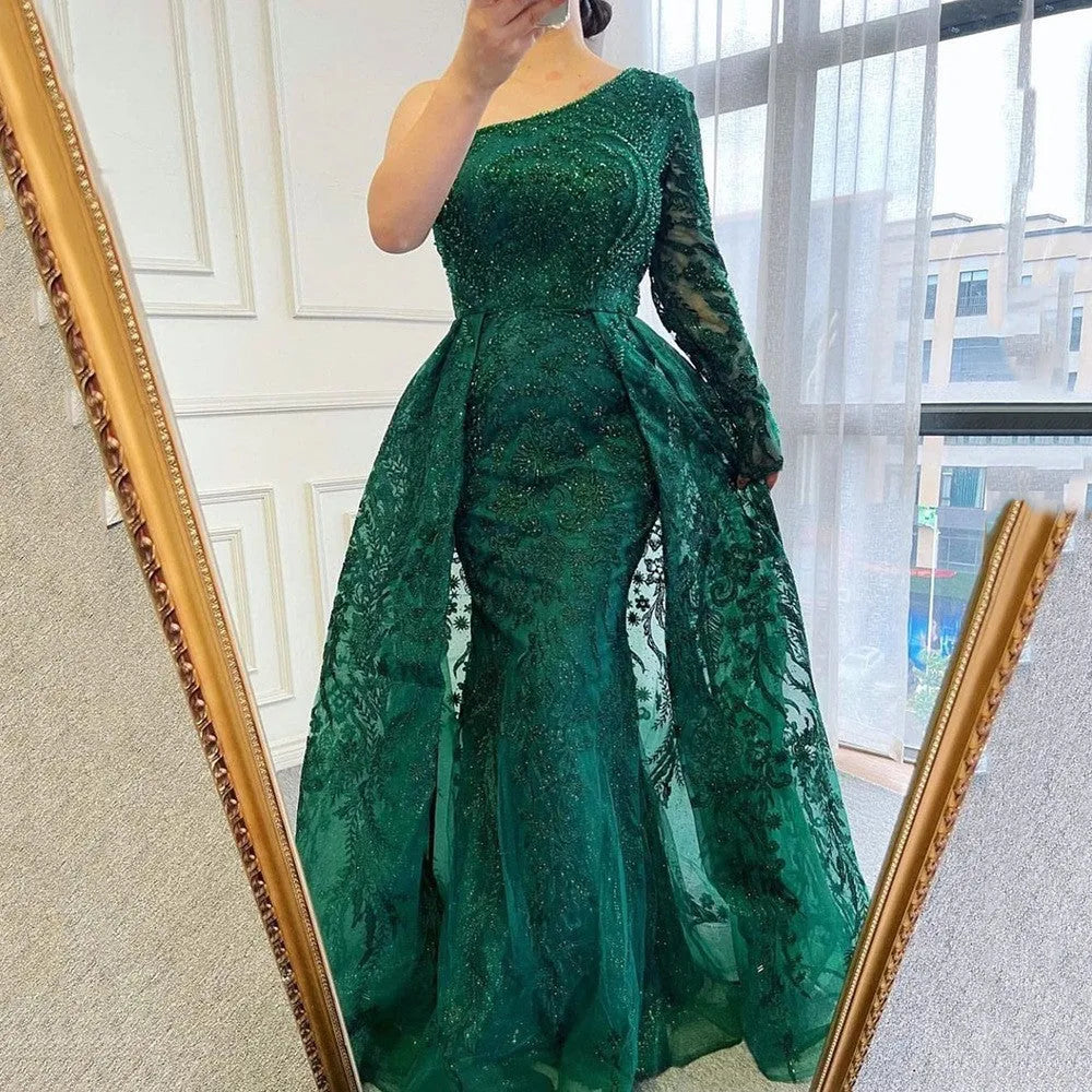 Women's slim-fit fishtail mesh shoulder long-sleeved dress in green with zipper detail on model