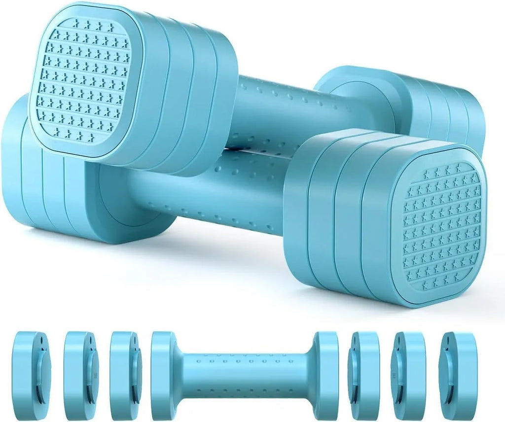 A set of pink detachable plastic dumbbells for women's fitness on a grey background.