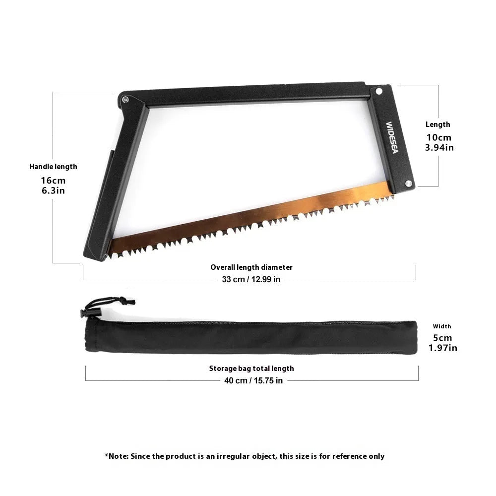 Black outdoor foldable saw with a PA66 nylon handle shown in both open and closed positions.