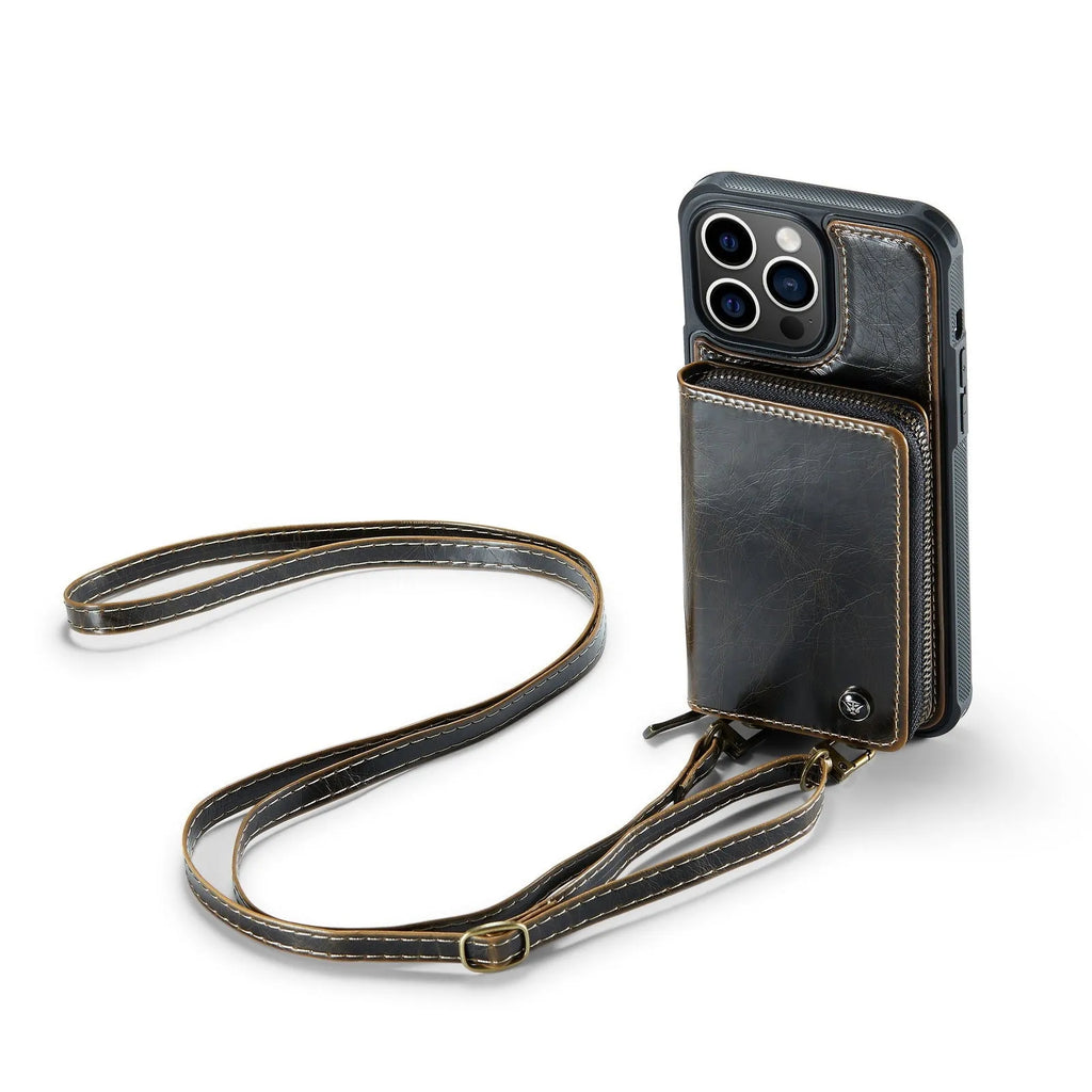 Wallet phone case with card holder for iPhone in black, showing bracket stand and card slots
