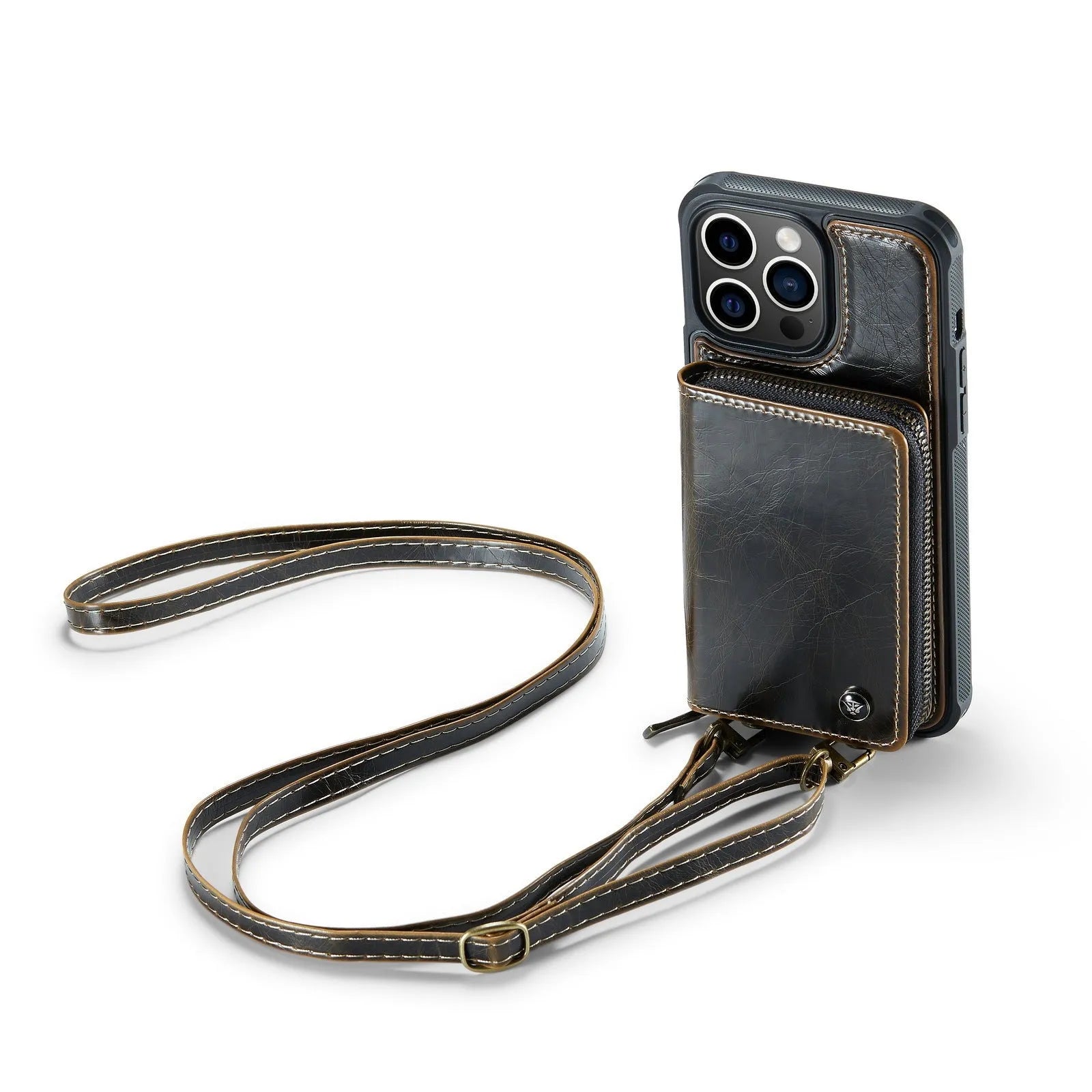 Wallet phone case with card holder for iPhone in black, showing bracket stand and card slots
