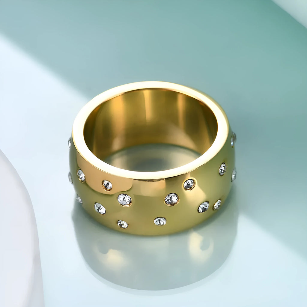 Titanium steel geometric round couple ring with starry diamond accents, shown in black, gold, rose gold, and steel colour finishes.