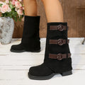 Vintage suede belt buckle pantyhose boots in black, mid heel 3-5cm, round toe, rubber sole