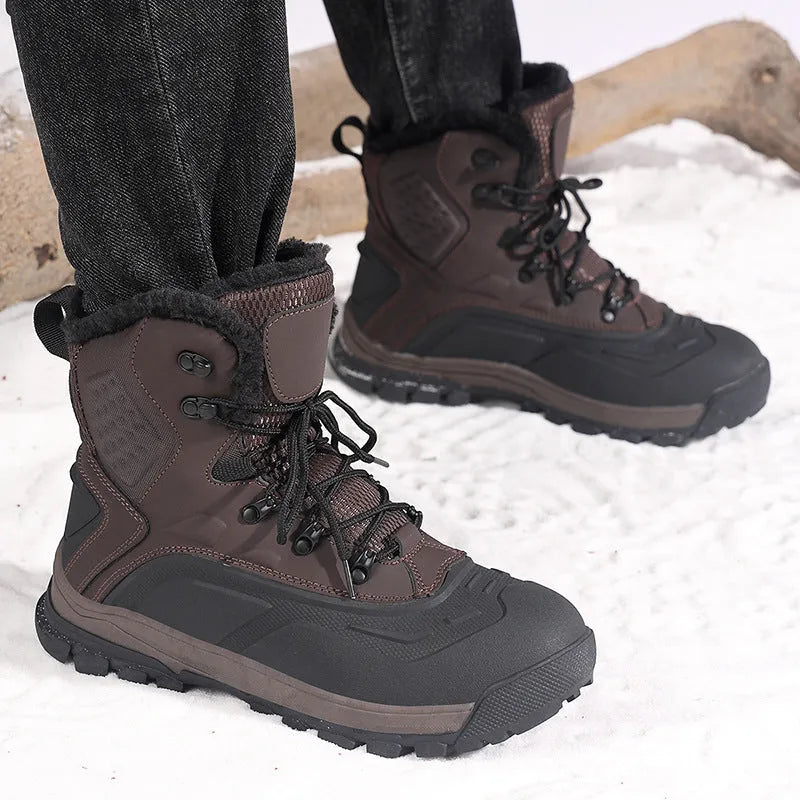 Men's black high-top lace-up boots with fleece lining and flat TPR sole