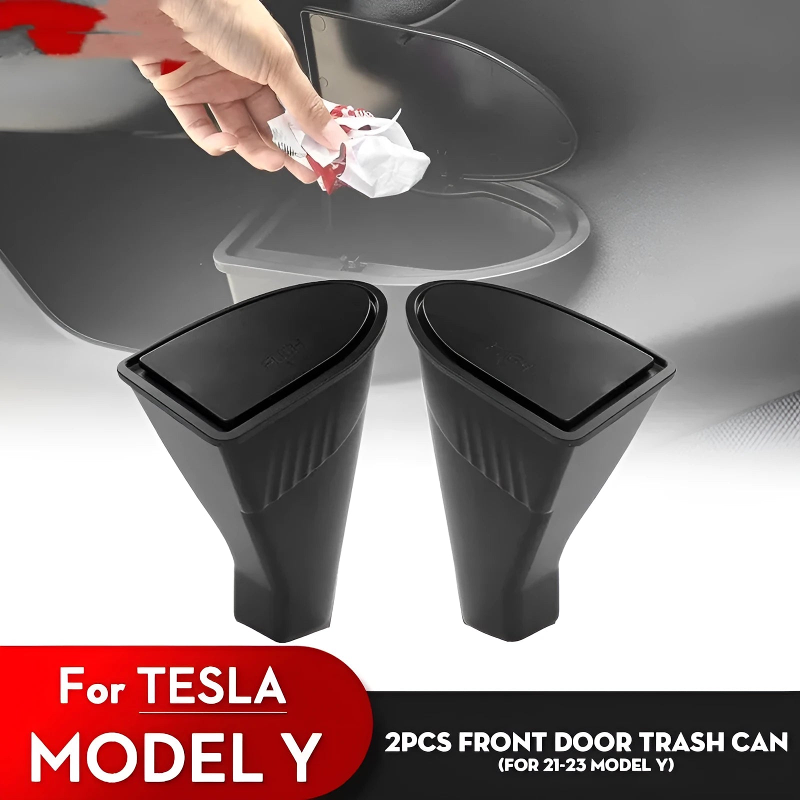Two matte black ABS plastic storage boxes designed for Tesla Model Y front door pockets
