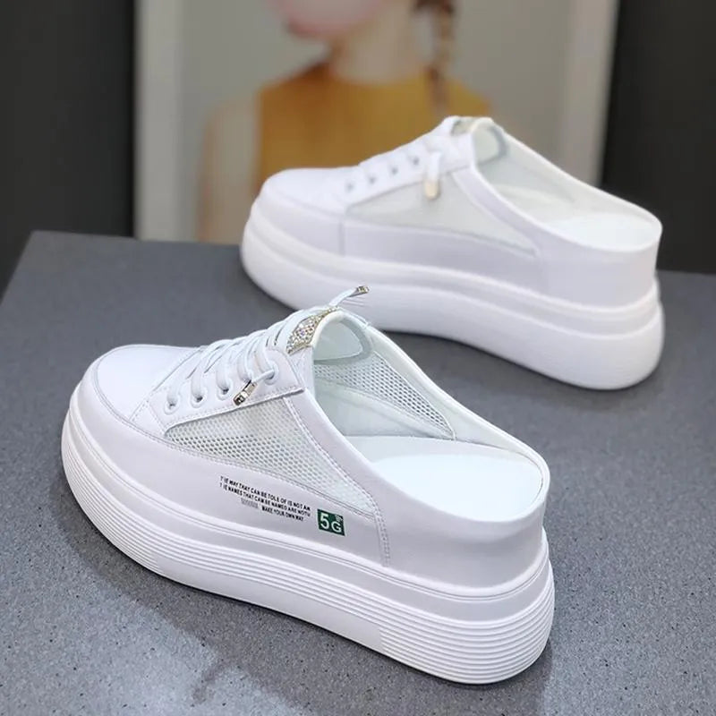 White women's platform shoes with mesh surface design and round toe