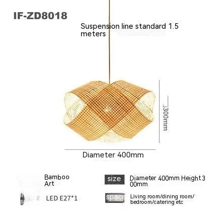 Bamboo woven rattan ceiling lamp in new Chinese style with adjustable height for restaurant lighting