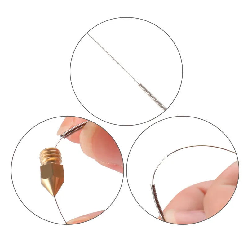 Ten metal cleaning needles for 3D printer nozzles in sizes 0.2mm to 0.4mm, presented on a white background.
