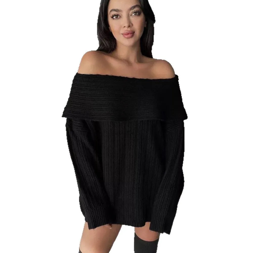 Women's loose fit acrylic off-neck sweater in four colour options showing front and back views