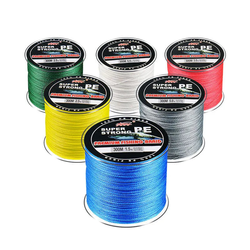 Spool of colour-coded PE fishing line showing multiple colour sections with strength and colour options