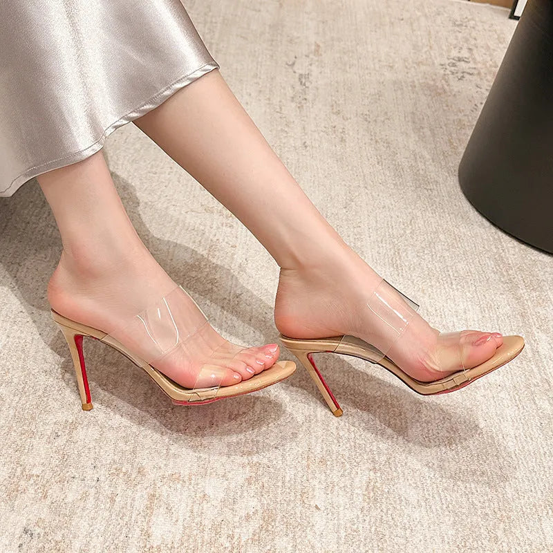Women's transparent ankle-strap stiletto sandals with 8cm heel in black and apricot colours