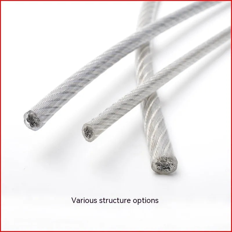 Coiled 304 stainless steel coated security cable with close-up showing multi-strand construction.