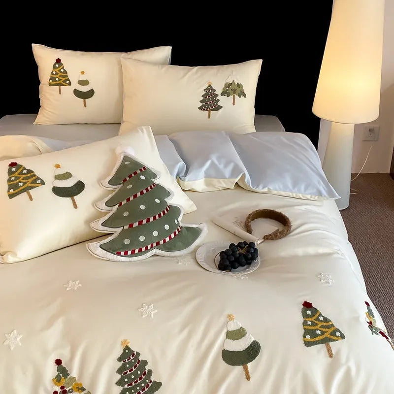 Cream Blue pure cotton duvet cover with raised towel embroidery of a Christmas tree and flowers, part of a four-piece bedding set.