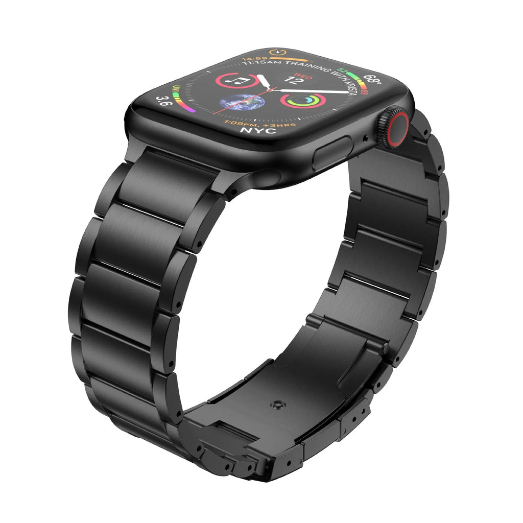 Black titanium alloy Apple Watch replacement band with a folding metal buckle.
