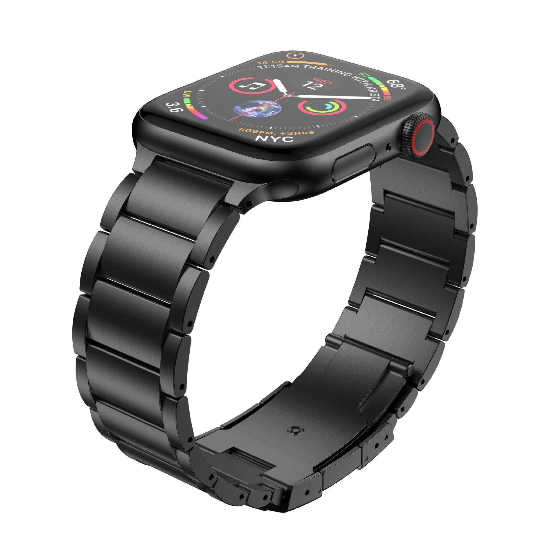 Black titanium alloy Apple Watch replacement band with a folding metal buckle.