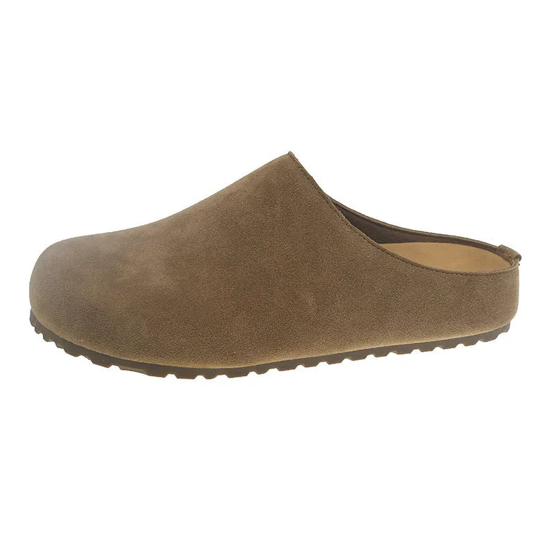 Boken Korean-style flat outdoor slippers in apricot, slip-on design with square toe and microfiber upper.