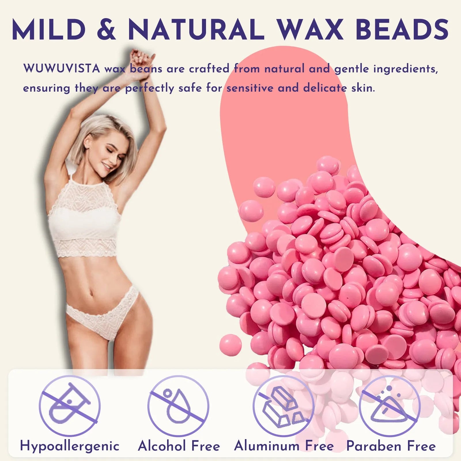Gold-standard hard wax kit with black wax warmer, wax beads, sticks, and aftercare bottles on a pink background