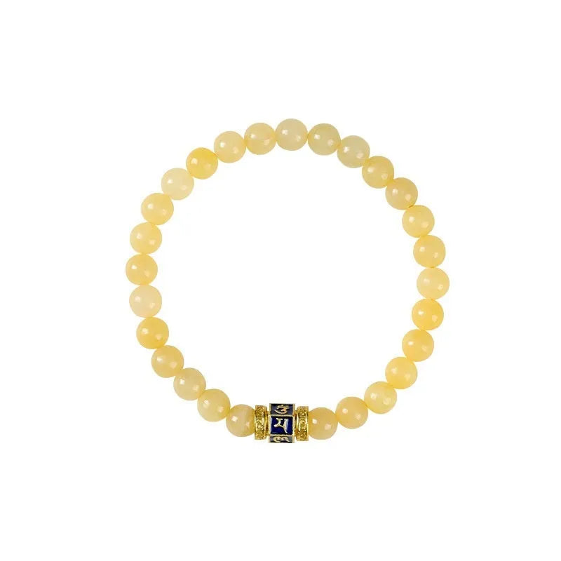 Women's hand-woven topaz bracelet with 6mm mantra barrel beads and square jade charms