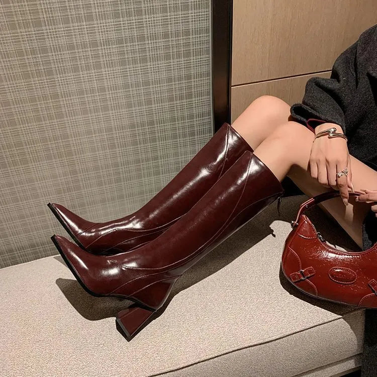 Women's black cowhide leather high heel riding boots with waterproof platform soles