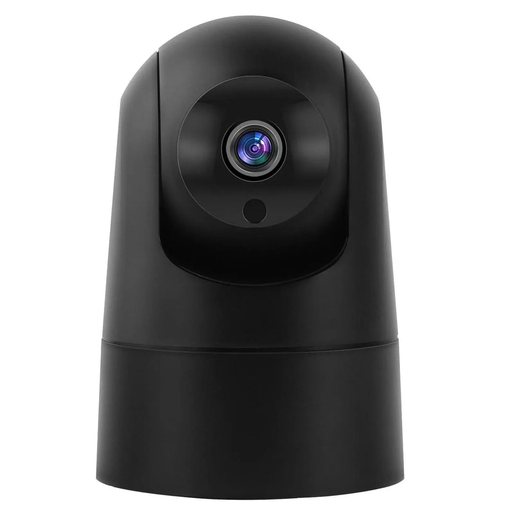 White indoor security camera with remote pan and tilt on a stand, showing 1080p HD and two-way audio features.