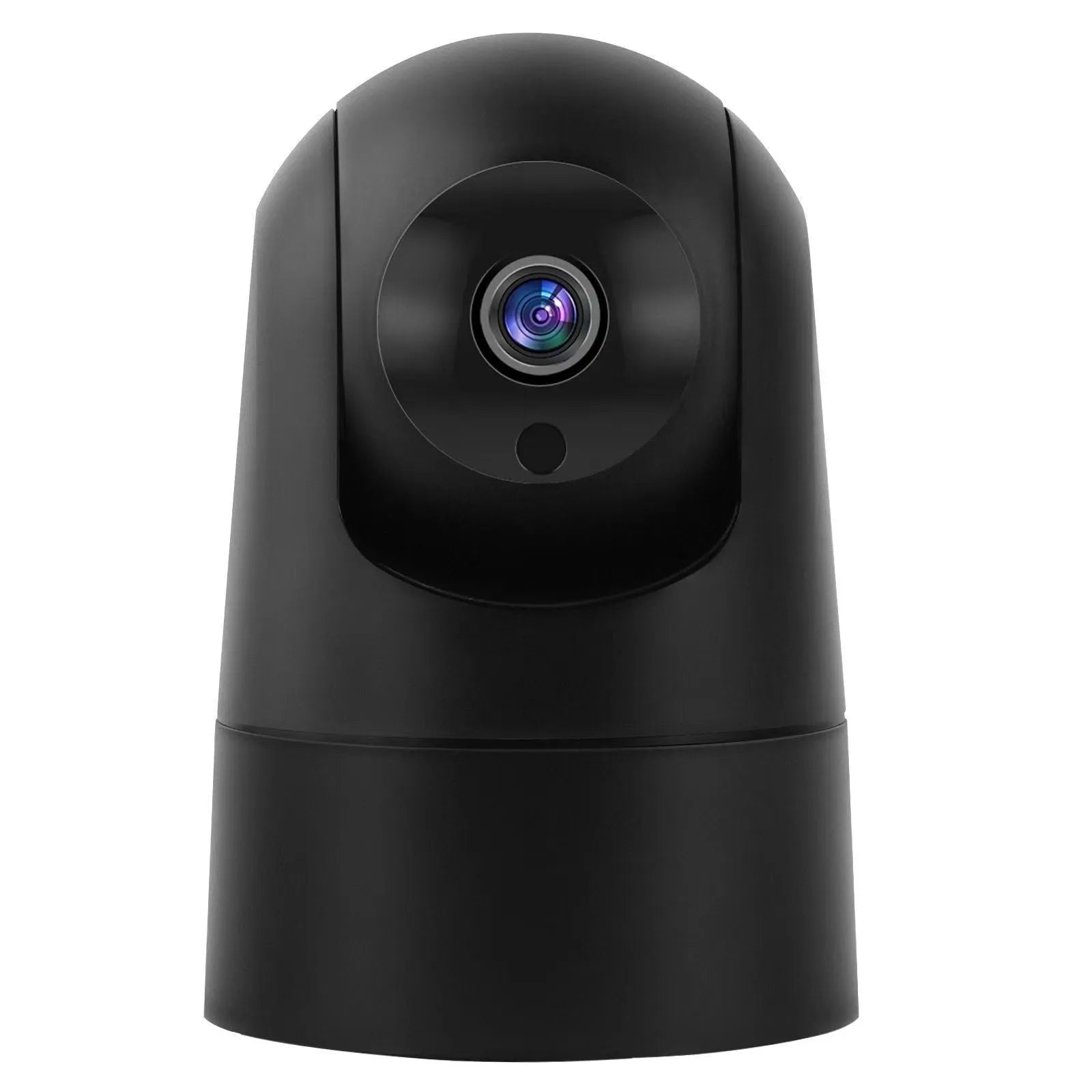 White indoor security camera with remote pan and tilt on a stand, showing 1080p HD and two-way audio features.