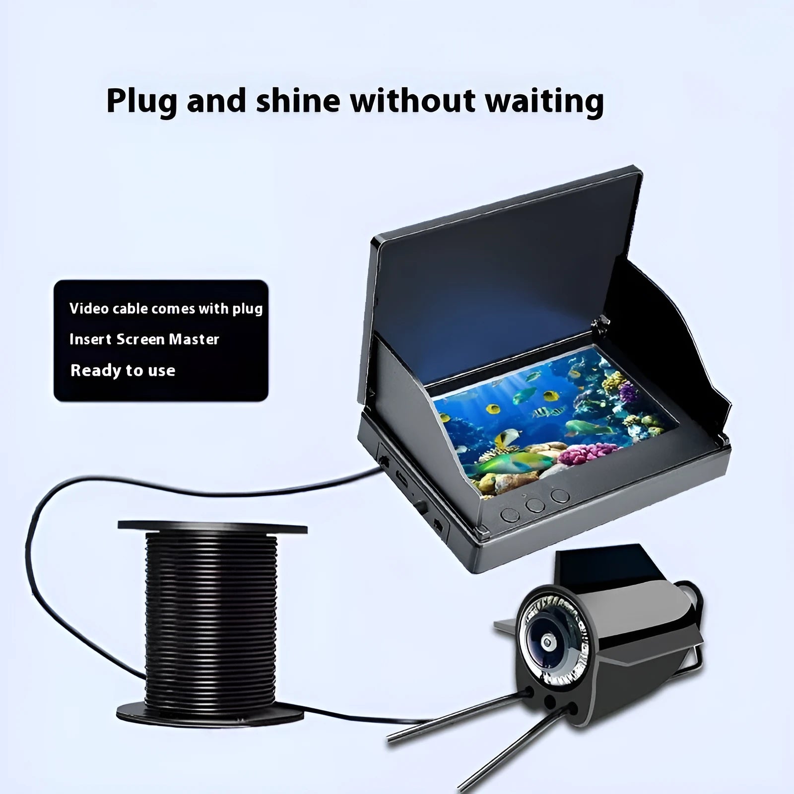 Fish finder underwater camera with 4.3-inch screen showing HD underwater visuals and temperature display